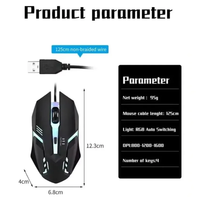 Laptop Mouse - カラフルな3ボタン式LED搭載の有線ゲーミングマウス。デスクトップPCおよびノートPCに対応。