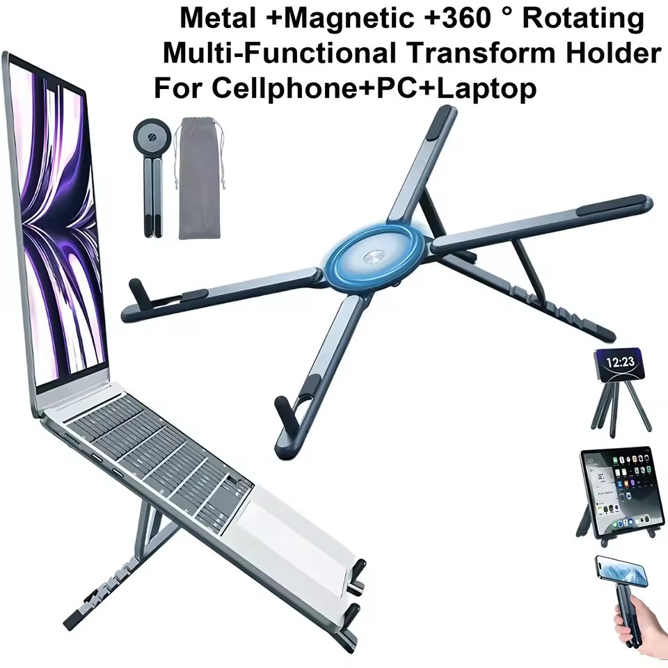 Laptop Stand - 3 in 1折りたたみ式マグネット式携帯電話ホルダー、自撮り棒、三脚スタンド（iPhone、Samsung、iPad、タブレット、ノートパソコン、デスクトップ用、携帯用スタンド）