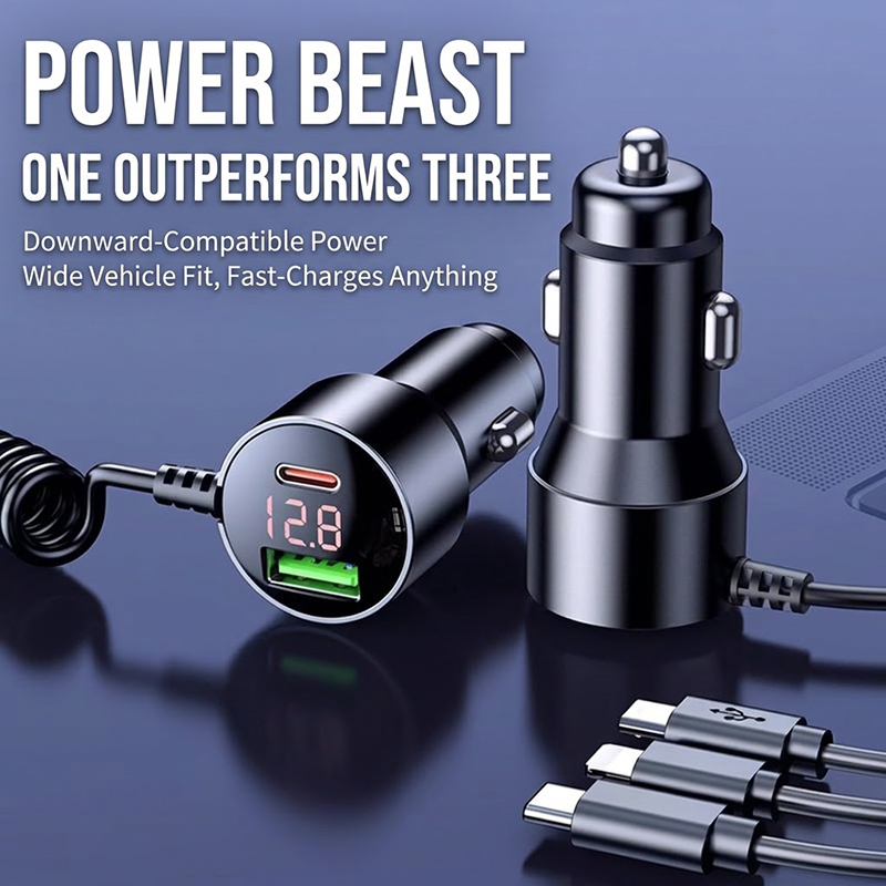 Laptop Charger - 3-in-1 コイル式カーチャージャー。ケーブルは格納式で、PDおよびQCによる急速充電に対応。ノートパソコンなどのデバイスに最適。LEDデジタル電圧表示機能付き。
